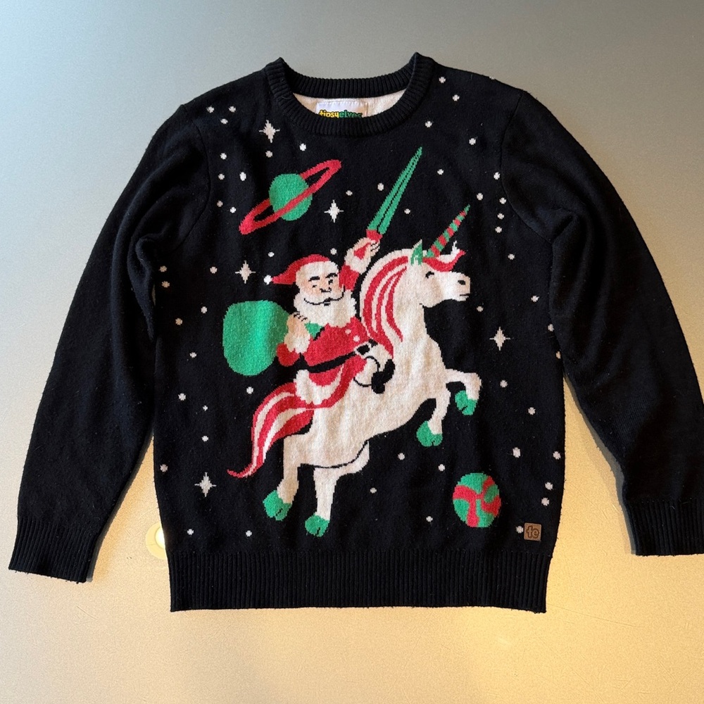 Tipsy Elves Ugly Christmas Sweater Size Yourh Medium (8-9) Santa Riding Unicorn